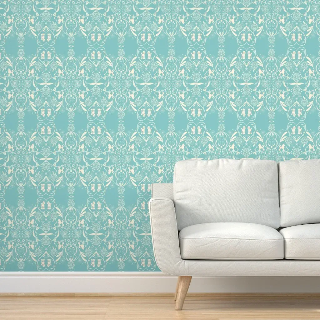 Peel and Stick Sea Mist Green Poodle Filigree Wallpaper - Cream product