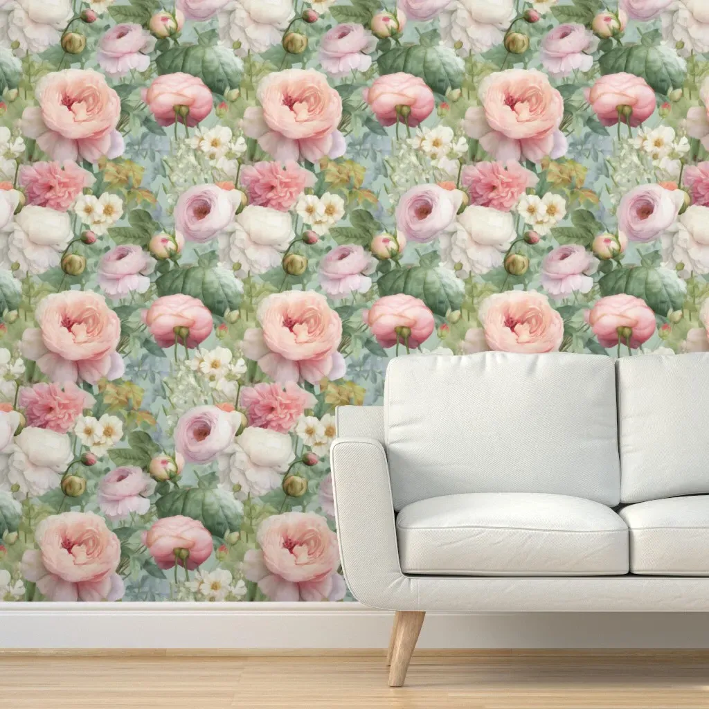 Peel and Stick Spring Flowers Vintage Roses Peony Wallpaper - Pink product