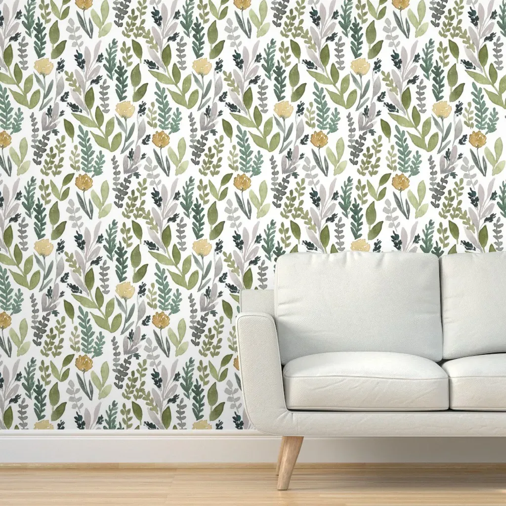 Peel and Stick Spring Leaves Removable Wallpaper - Green, Gray product