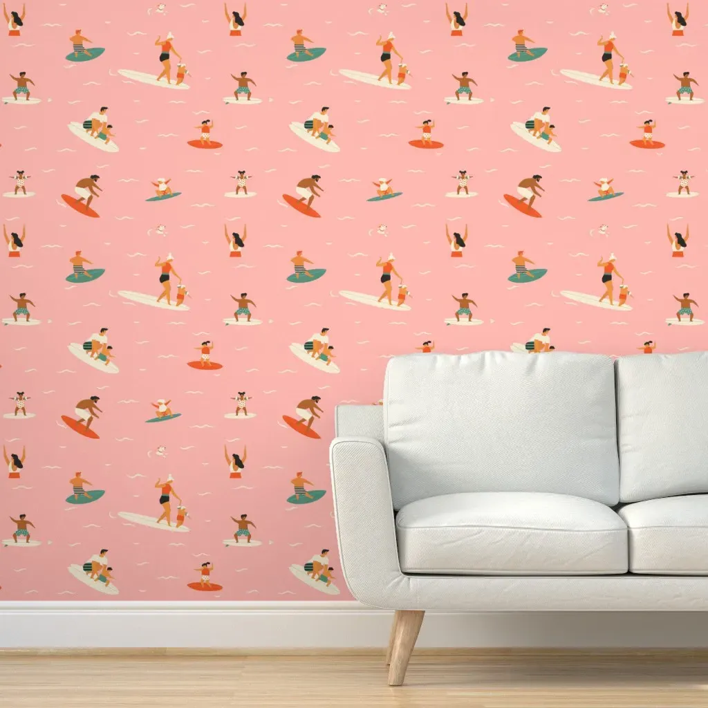 Peel and Stick Surfing Kids Removable Wallpaper - Pink product