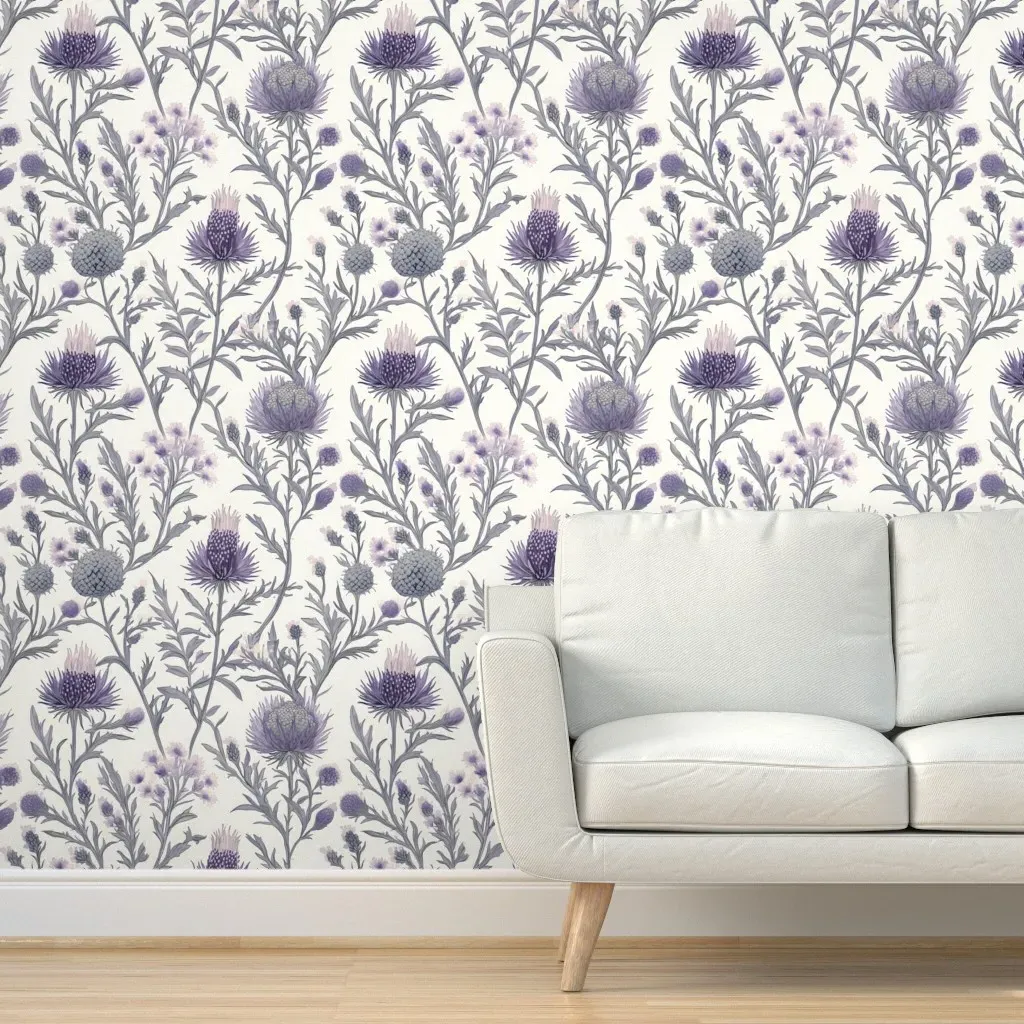 Peel and Stick Thistles and Wildflowers Wallpaper - Dusty Purple product