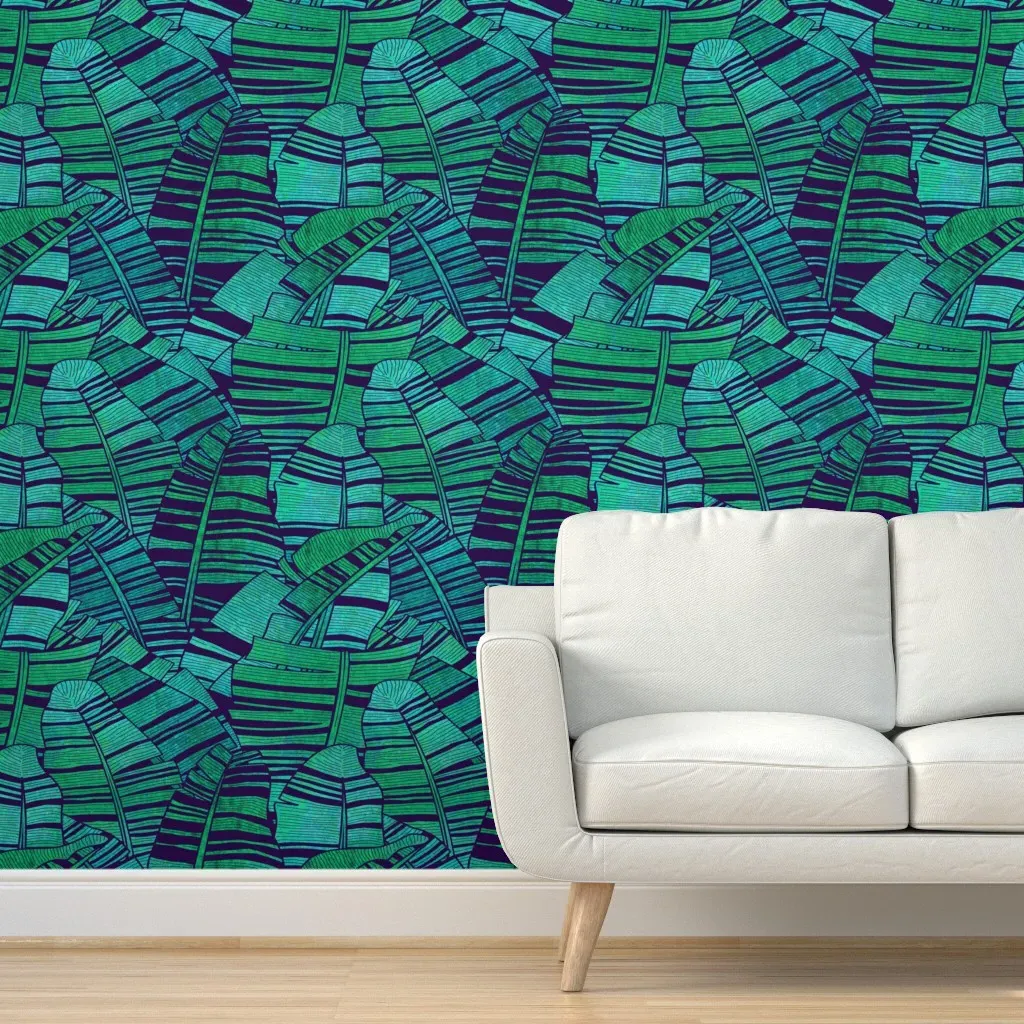 Peel and Stick Tropical Banana Leaves Wallpaper - Green, Blue product