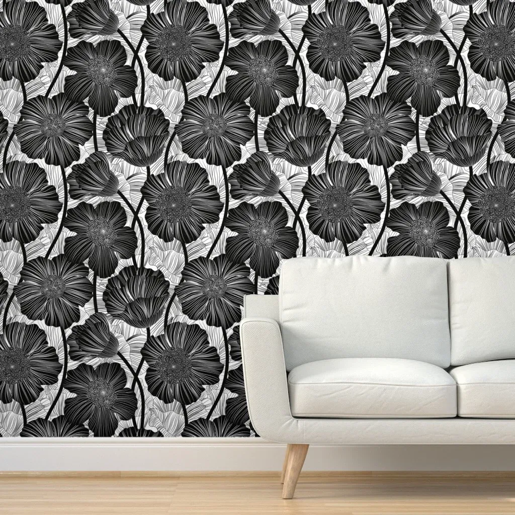 Peel and Stick Undulating Floral Large Scale Wallpaper - Black product