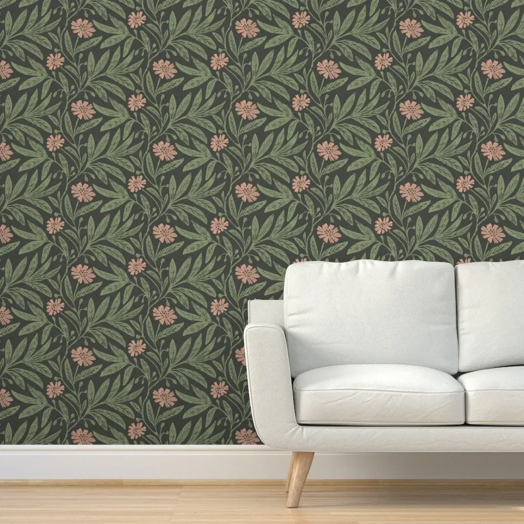 Peel and Stick Victorian Floral Wallpaper - Black, Green and Peach Pink product