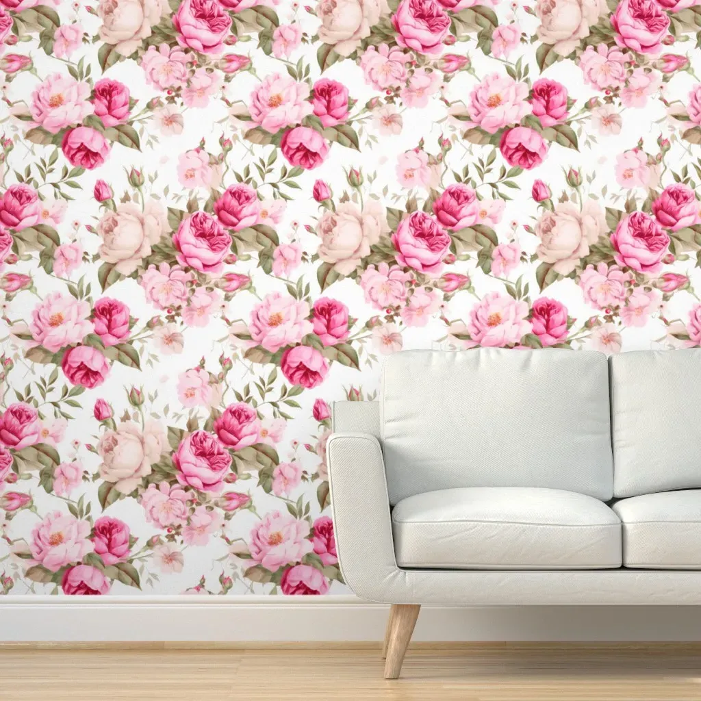 Peel and Stick Vintage Roses Wallpaper - Pink, White product