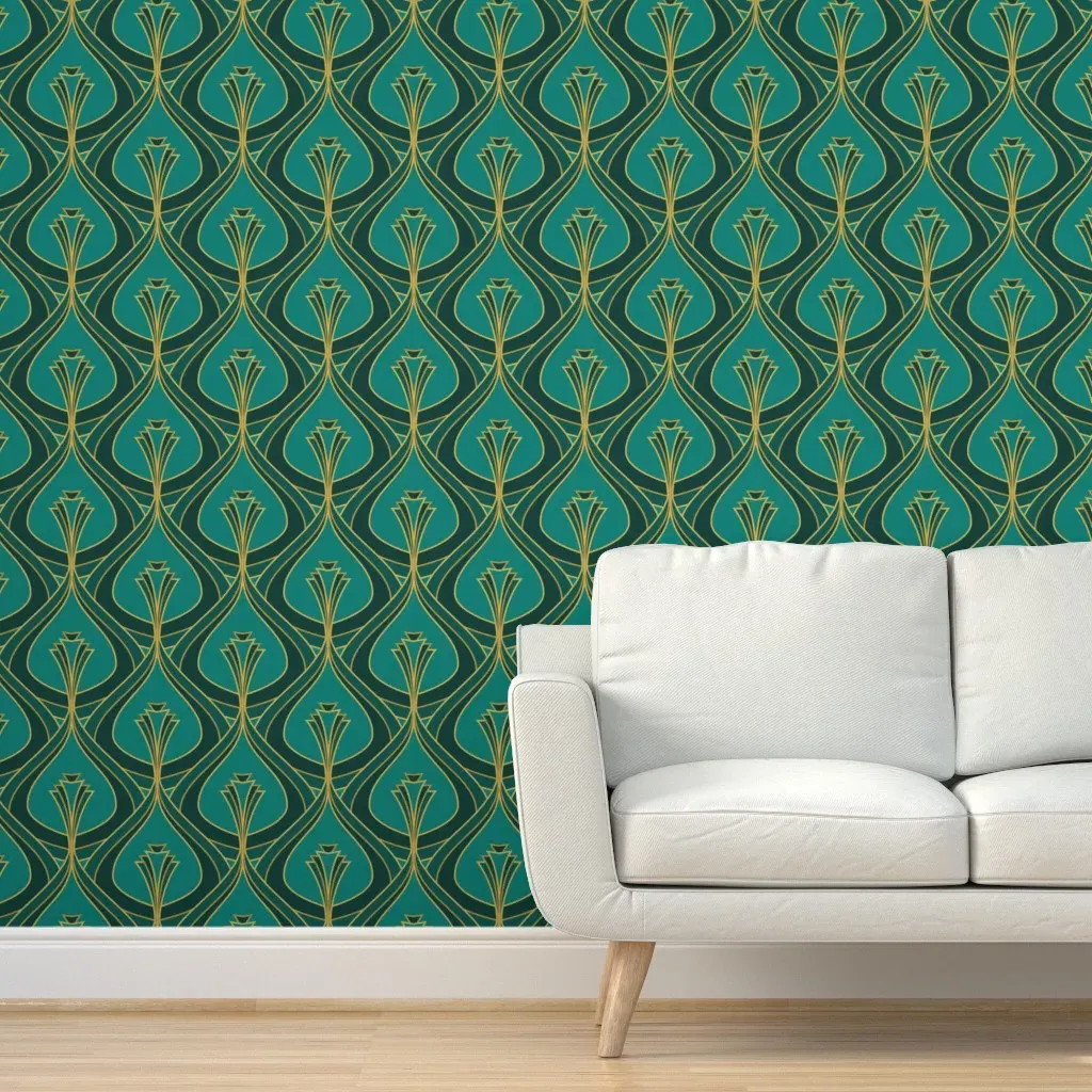 Peel and Stick Wallpaper Art Deco - Emerald Green, Gold product