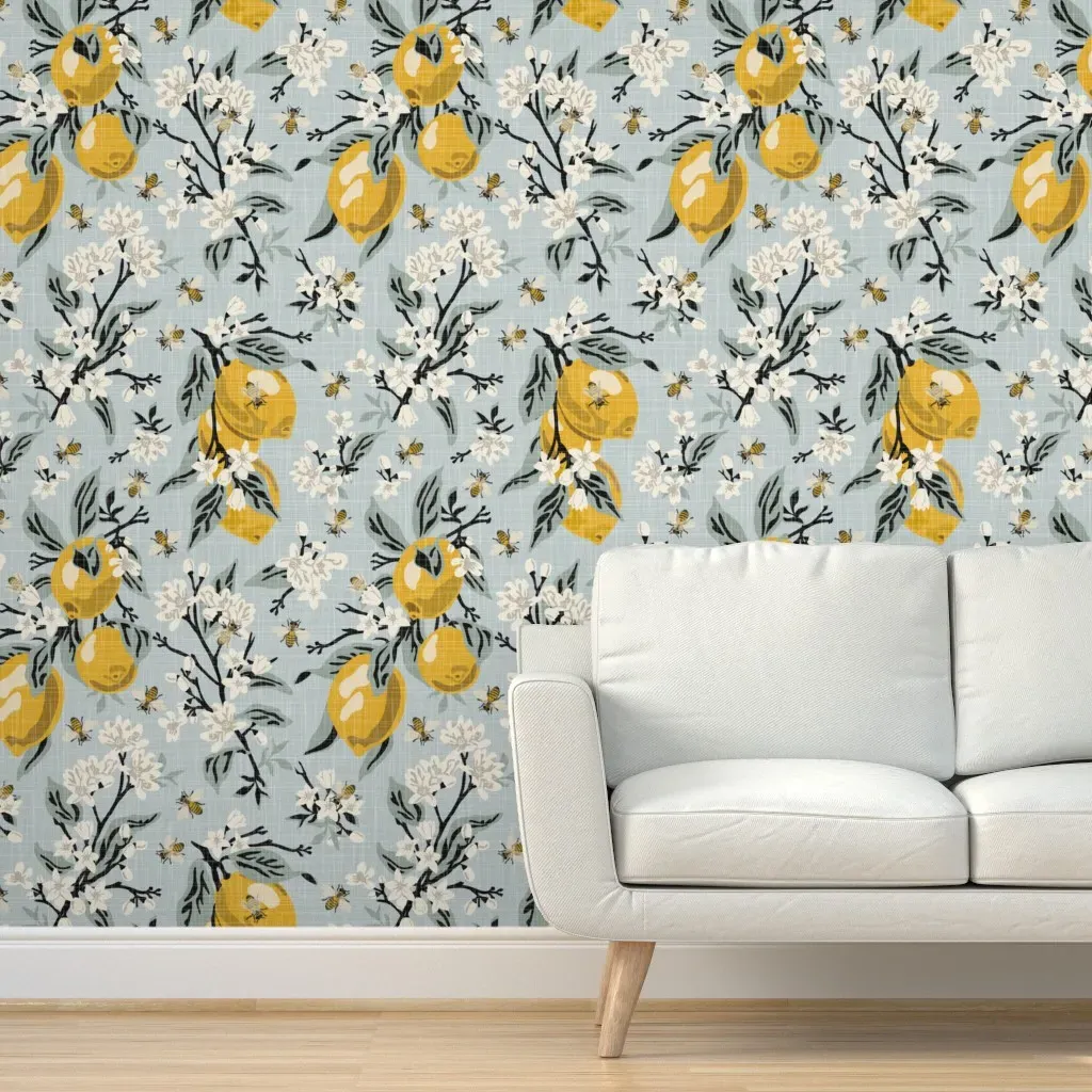 Peel and Stick Wallpaper Bees & Lemons - Black Stems, Linen Texture product