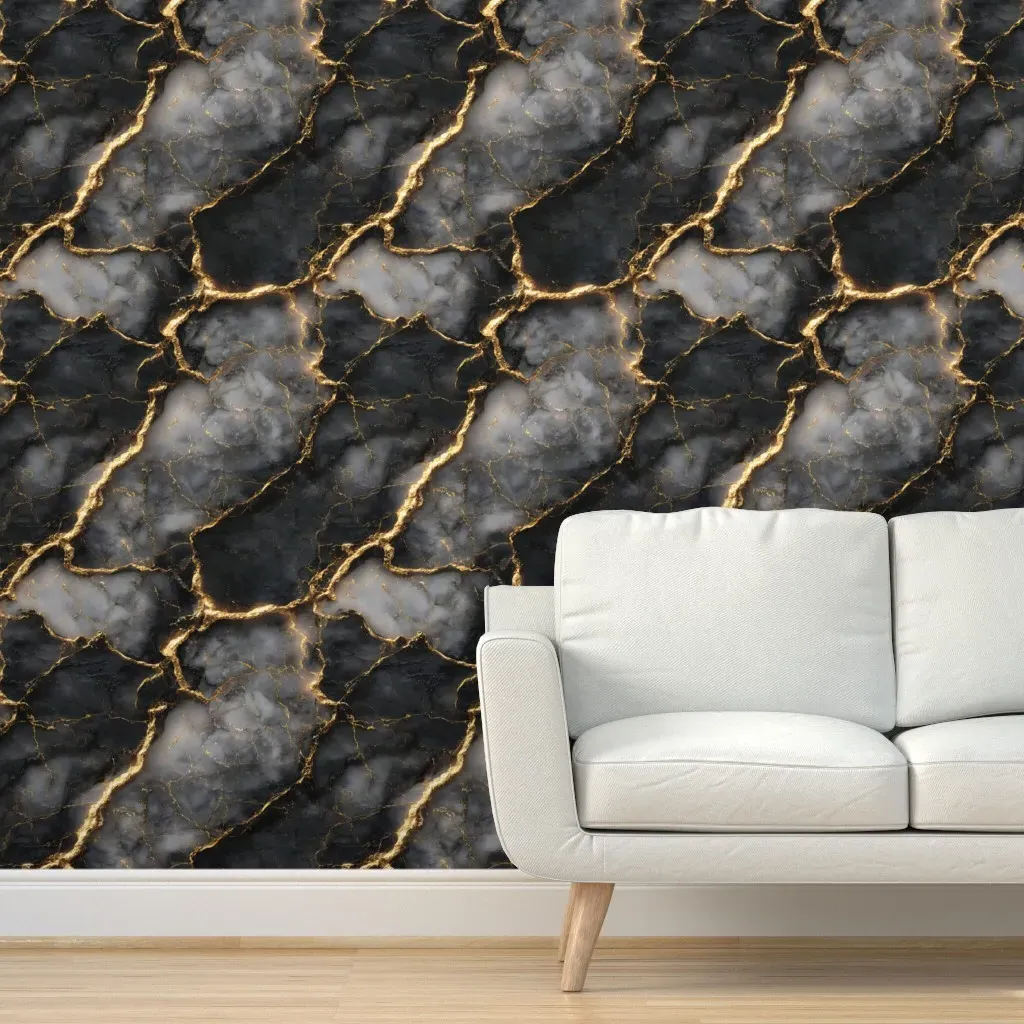 Peel and Stick Wallpaper Black Marble Gold Vein - Black product
