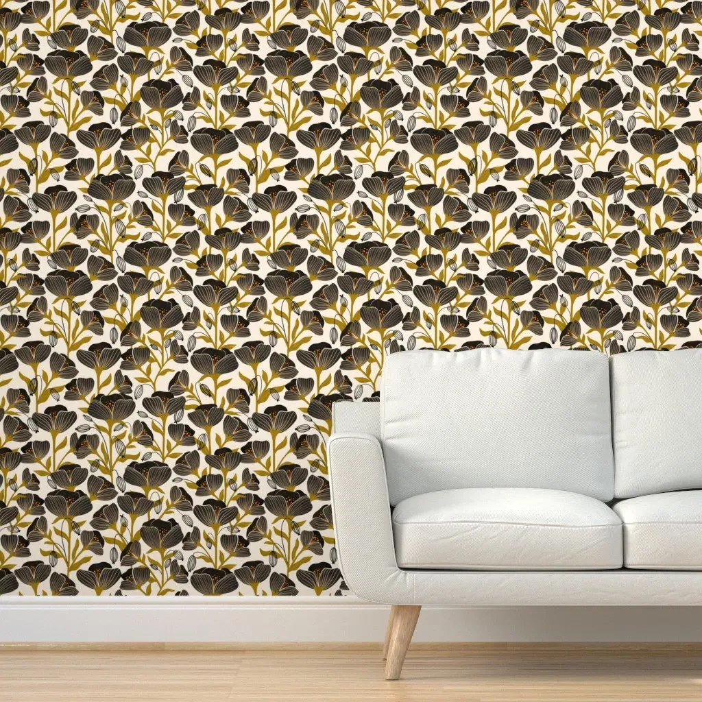 Peel and Stick Wallpaper Black Poppies - Black, Beige product