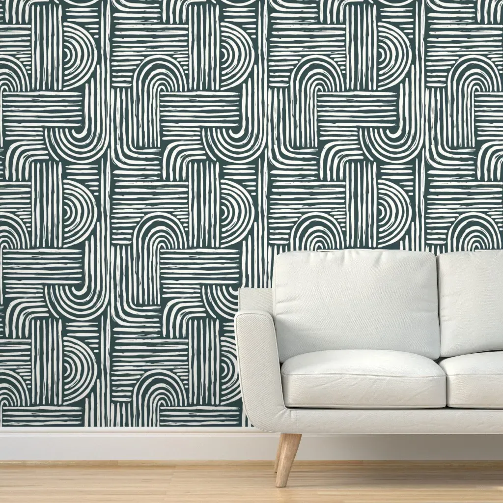 Peel and Stick Wallpaper Blue Gray Boho Curves - White product