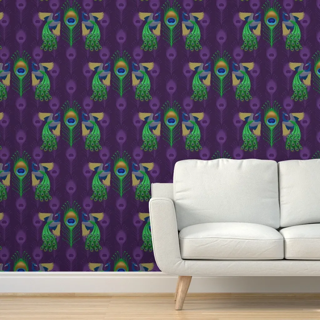 Peel and Stick Wallpaper Boho Peacocks - Purple, Green product