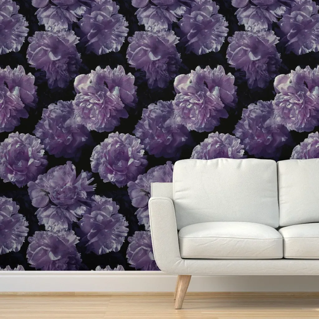 Peel and Stick Wallpaper Bold Lavender Peonies on Black - Purple product