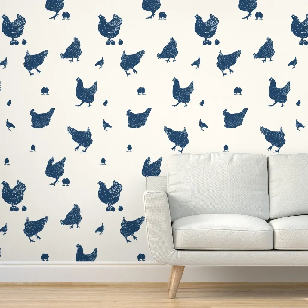 Peel and Stick Wallpaper Chickens on Cream - Navy Blue product