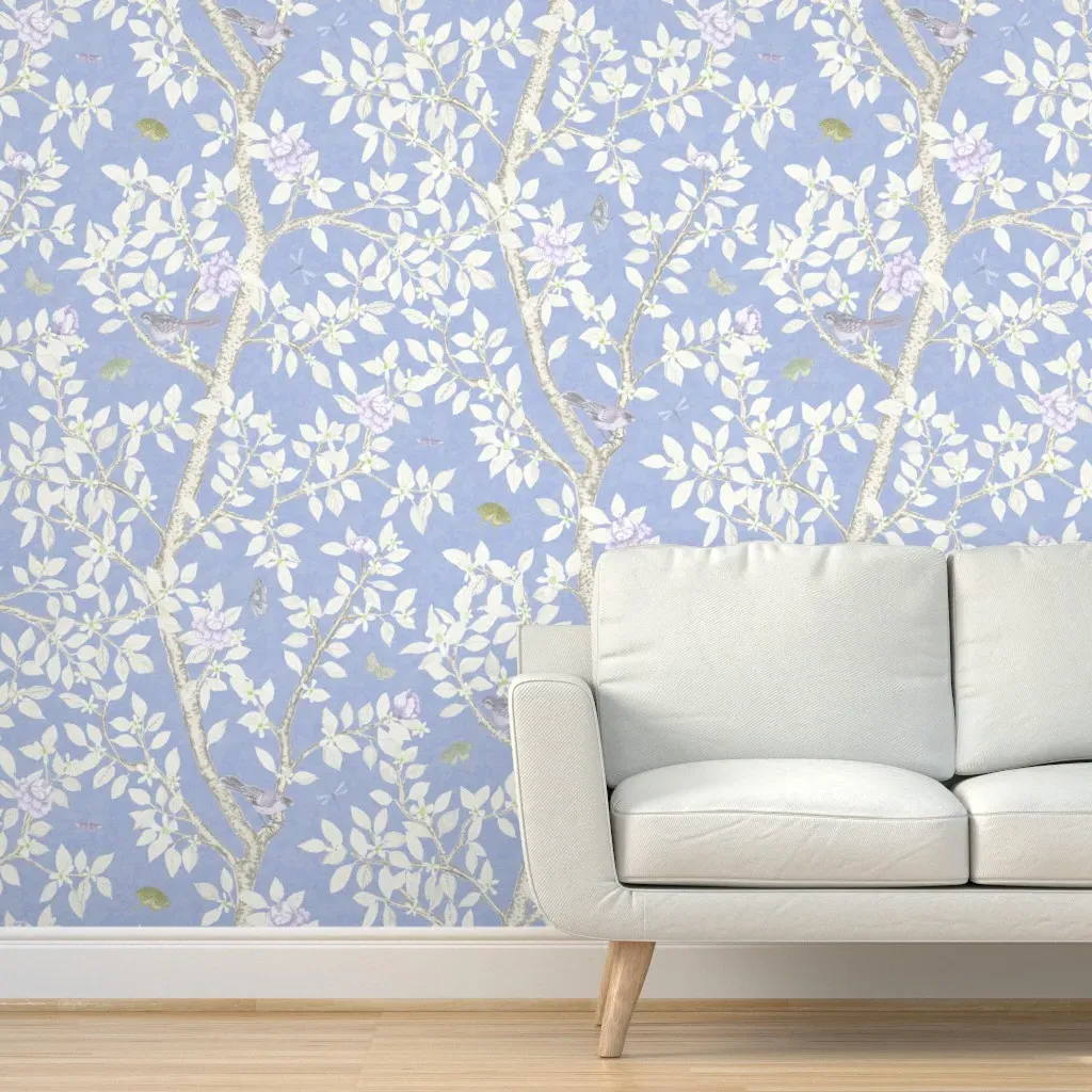Peel and Stick Wallpaper Citrus Grove with Peonies - Lilac, Light Blue product