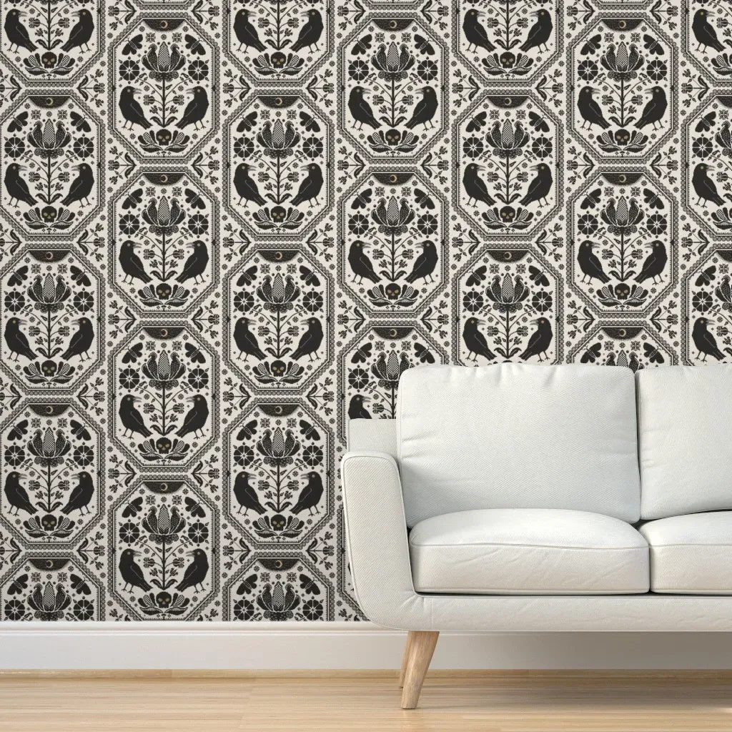 Peel and Stick Wallpaper Cross Stitch Ravens & Folk Flowers - Black product
