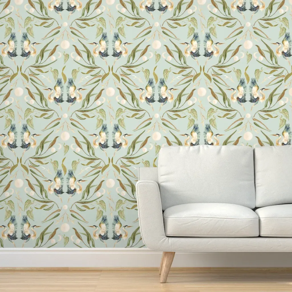 Peel and Stick Wallpaper Heron Birds Moon Watercolor - Teal, Fabric product
