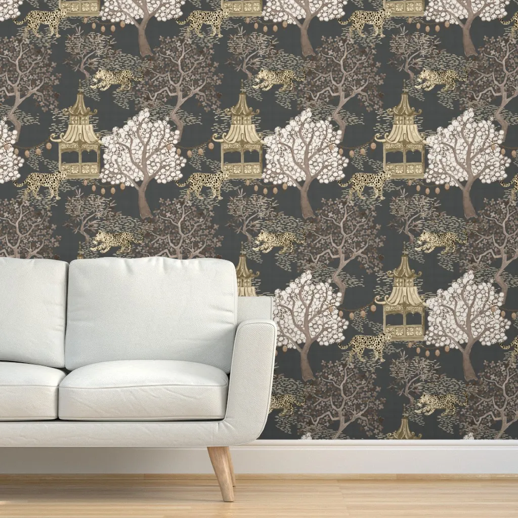 Peel and Stick Wallpaper Leopard Lantern Forest Print - Gold product