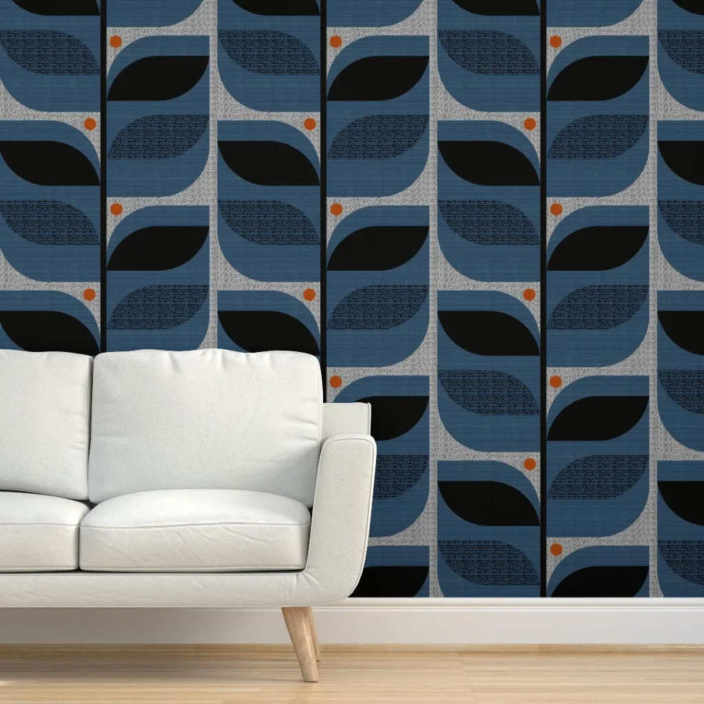 Peel and Stick Wallpaper Mid Century Tropical Leaves Extra Jumbo - Blue, Gray product