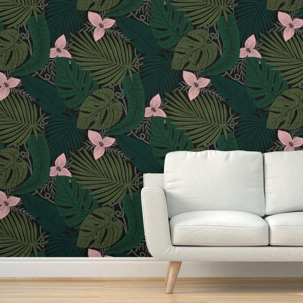 Peel and Stick Wallpaper Moody Tropical Light Blush Flower - Dark Green product