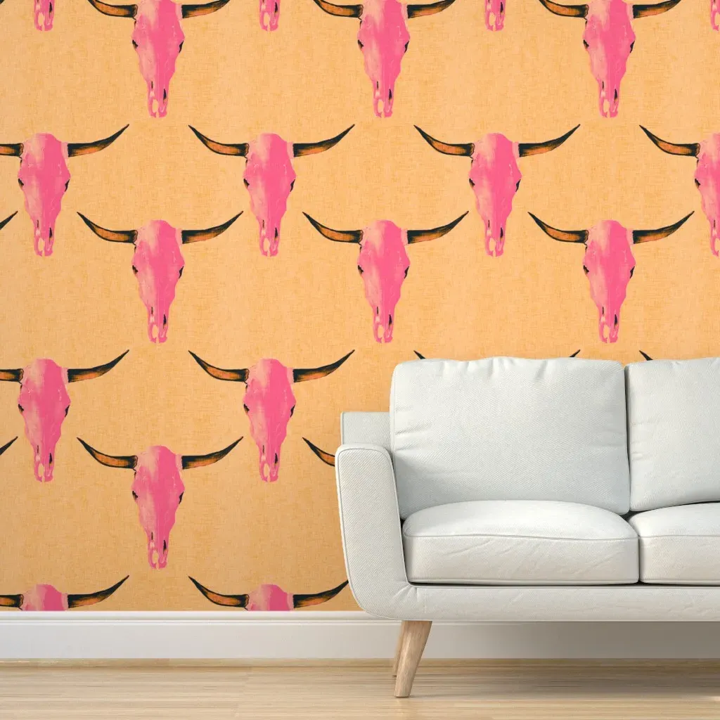 Peel and Stick Wallpaper Neon Pink Cow Skulls - Pink, Linen Texture product
