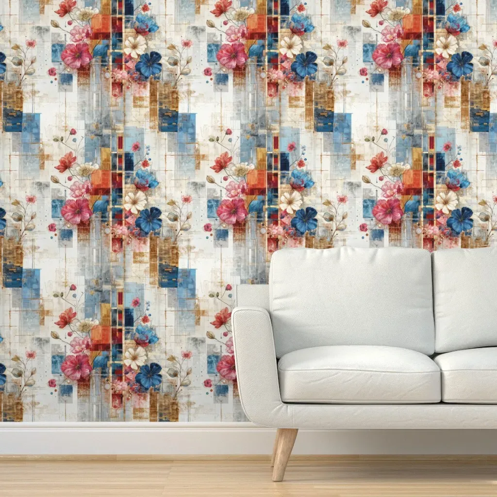 Peel and Stick Wallpaper Patchwork Flowers & Leaves - Red product