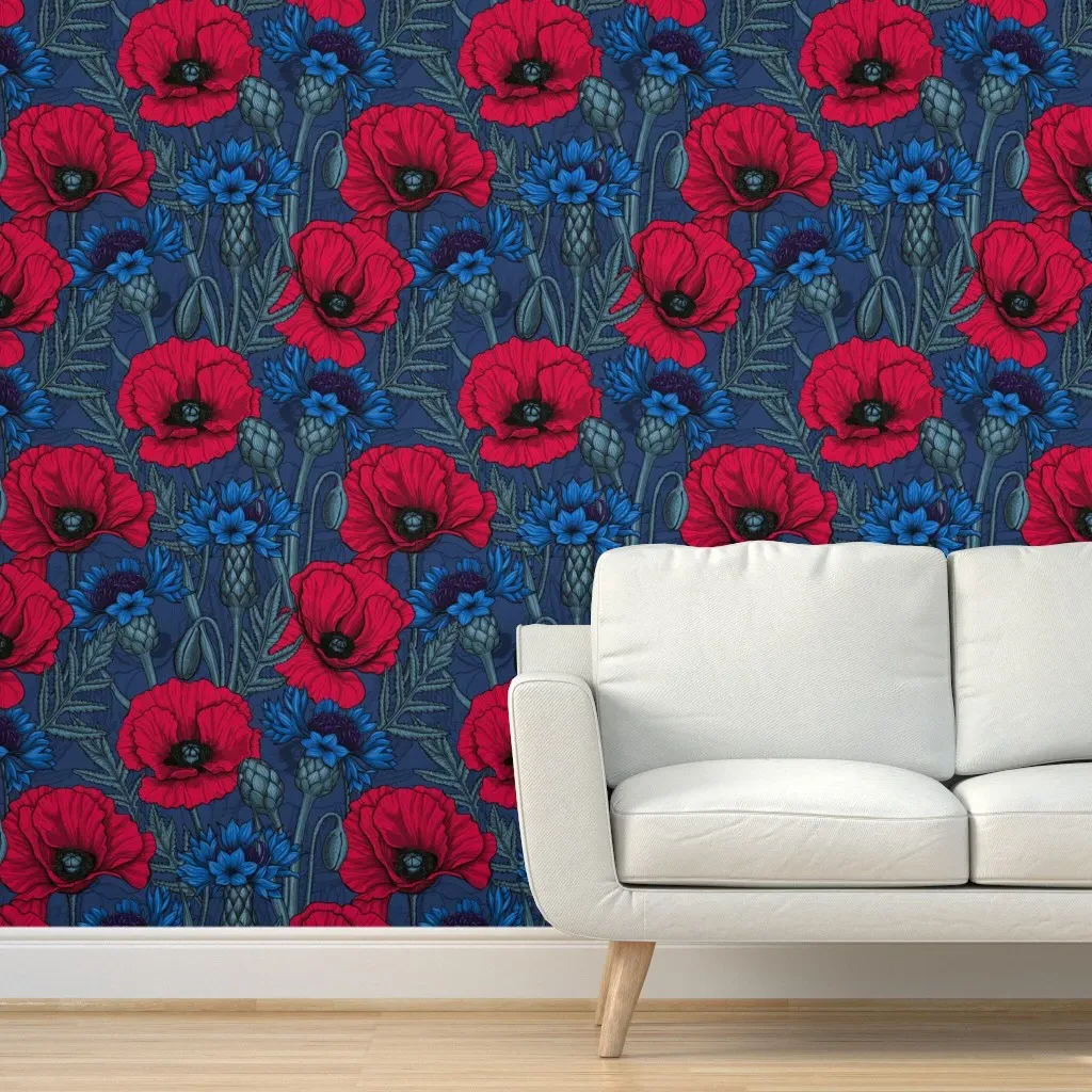 Peel and Stick Wallpaper Red Poppies Blue Cornflowers - Red, Blue product