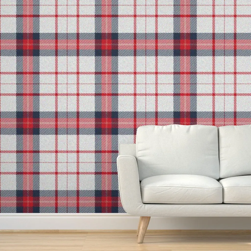 Peel and Stick Wallpaper Red White Blue Plaid - Red, White product