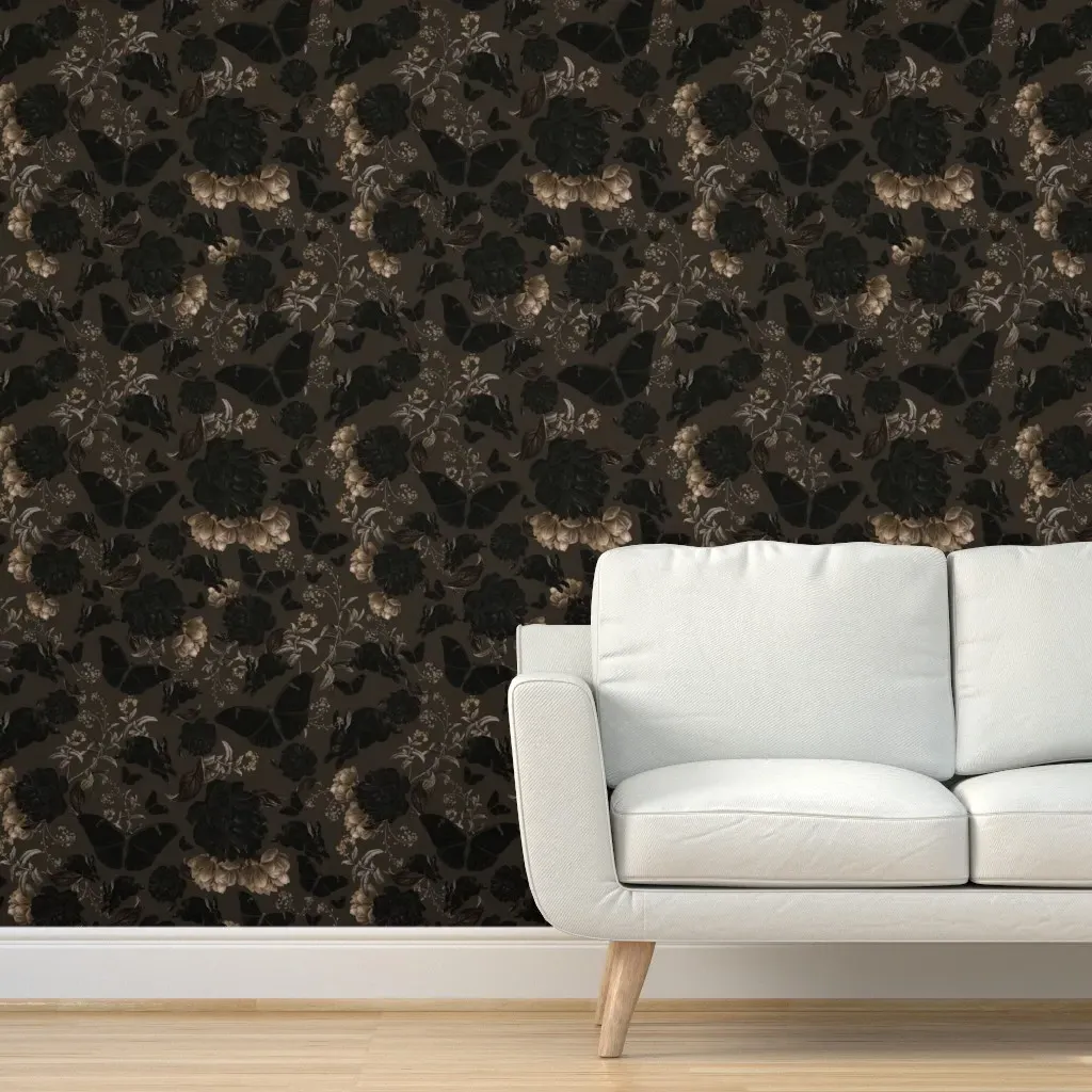 Peel and Stick Wallpaper Roses Florals Butterflies Bunnies - Dark Brown product