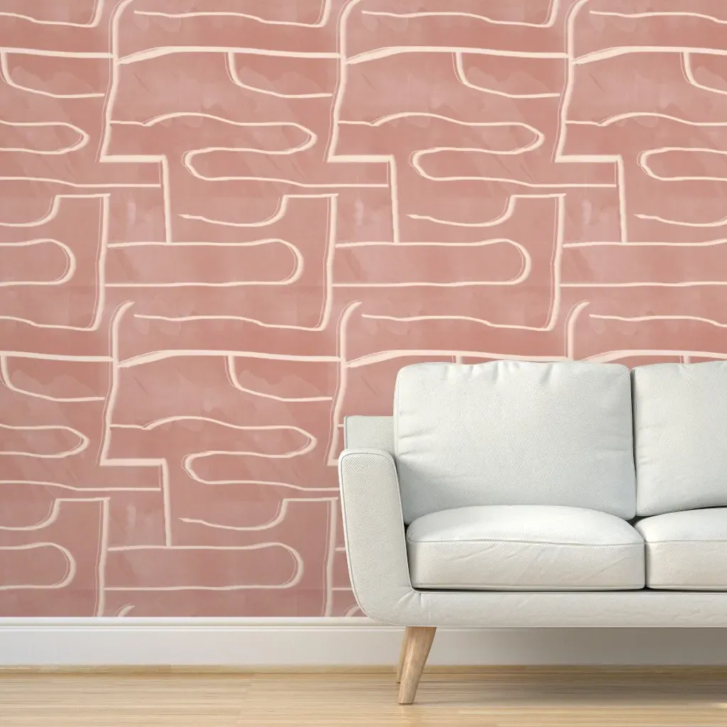 Peel and Stick Wallpaper Salmon Graffiti Ink Lines - Pink product