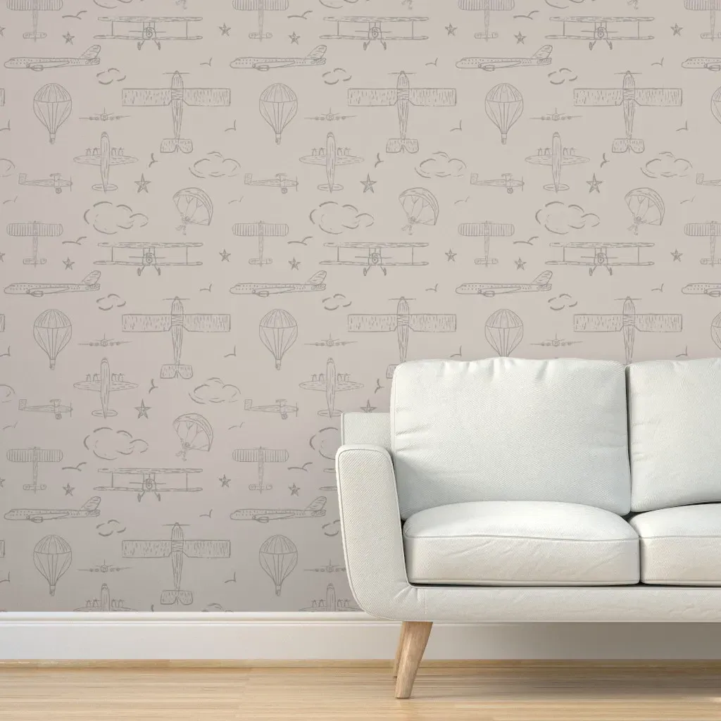 Peel and Stick Wallpaper Sky Airplanes Balloons - Silver product