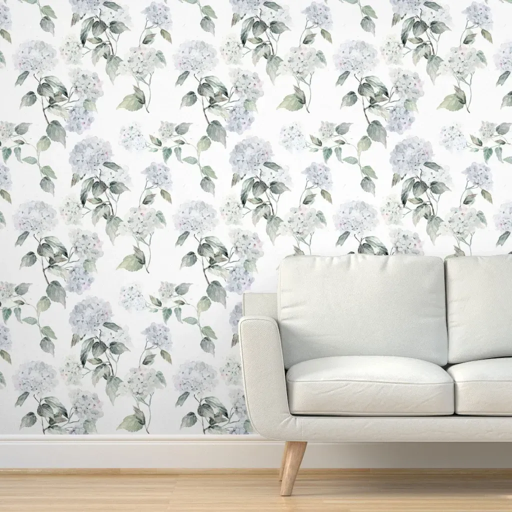 Peel and Stick Wallpaper Sky Blue Hydrangea Watercolor - White, Fabric product