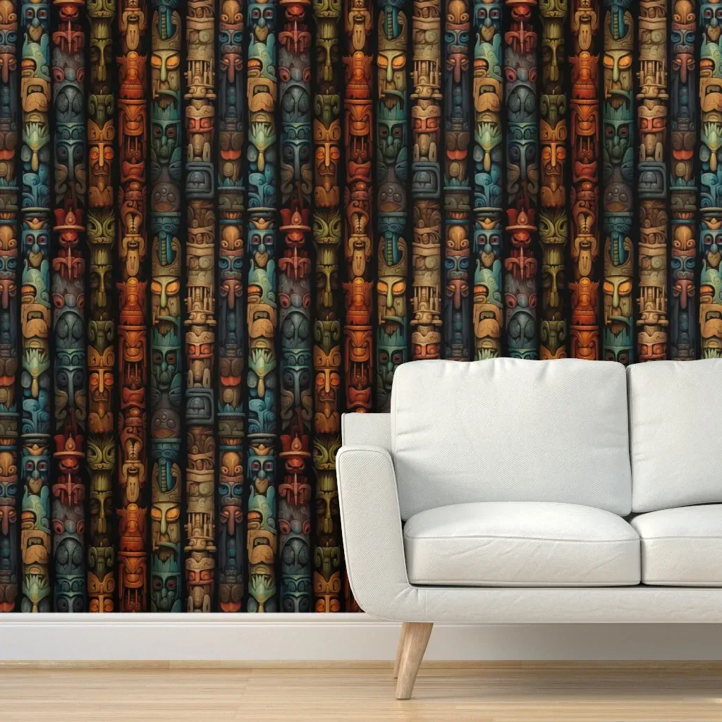 Peel and Stick Wallpaper Tiki Totem Tropical Beach - Deep Teal product