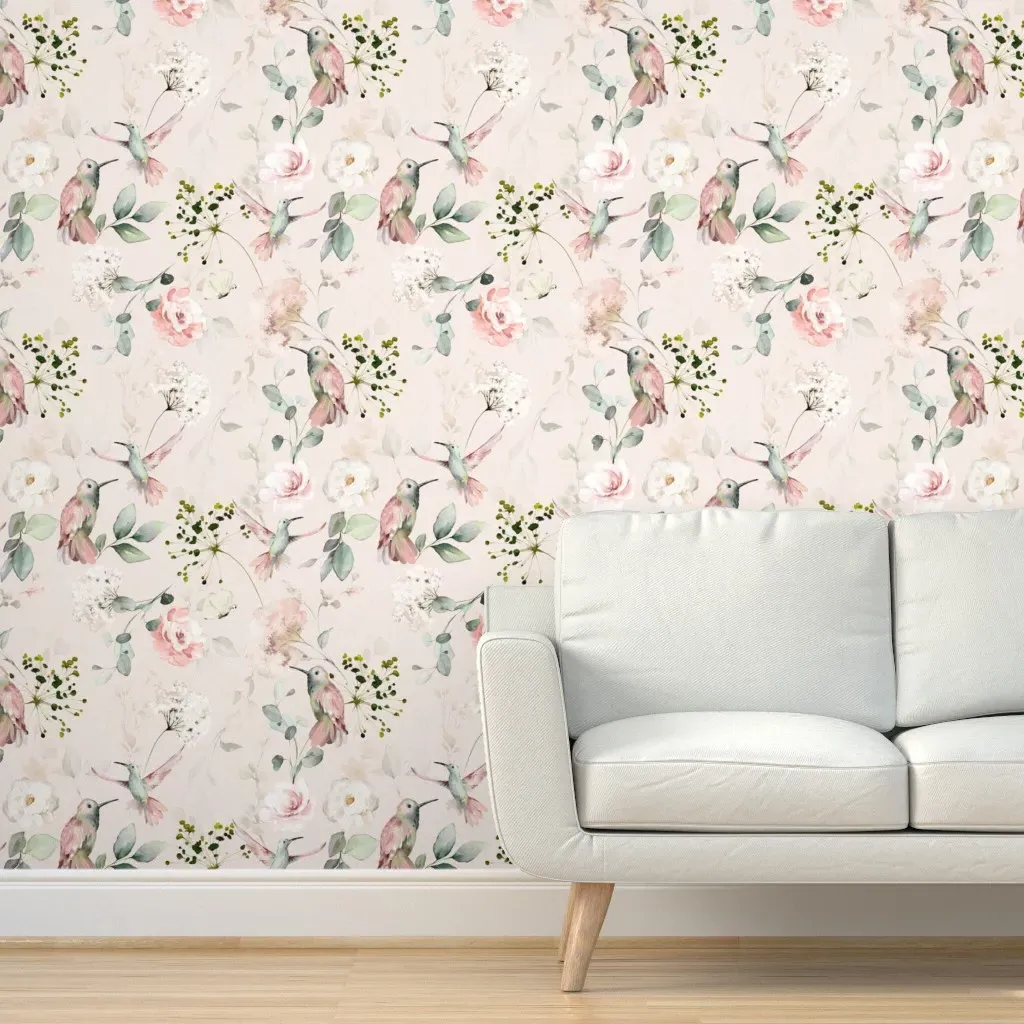 Peel and Stick Wallpaper Watercolor Roses & Hummingbirds - Blush Pink product