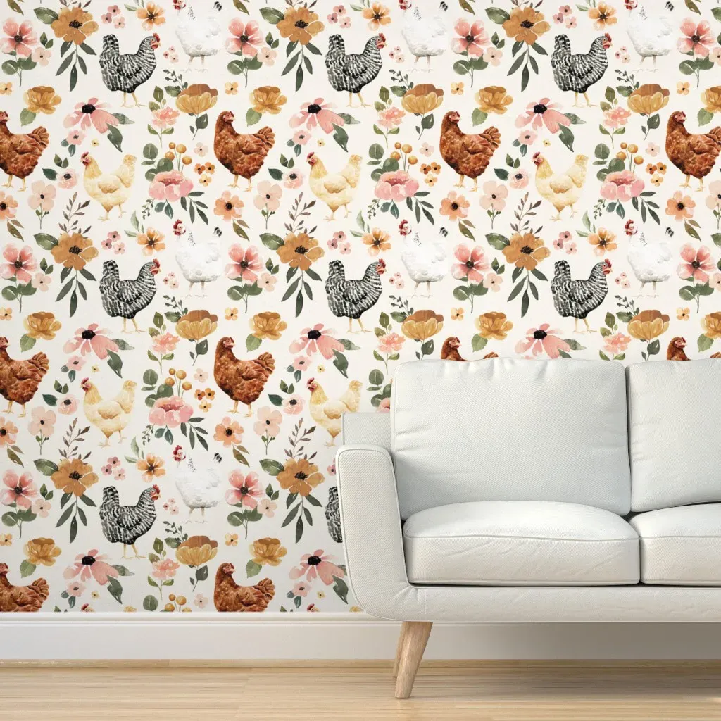 Peel and Stick Watercolor Chicken Floral Wallpaper - Off-White product