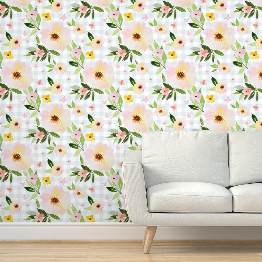 Peel and Stick Watercolor Florals Wallpaper - Pink, Blue Gingham product