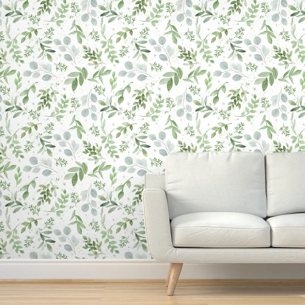Peel and Stick Watercolor Leaves Wallpaper - White, Green product