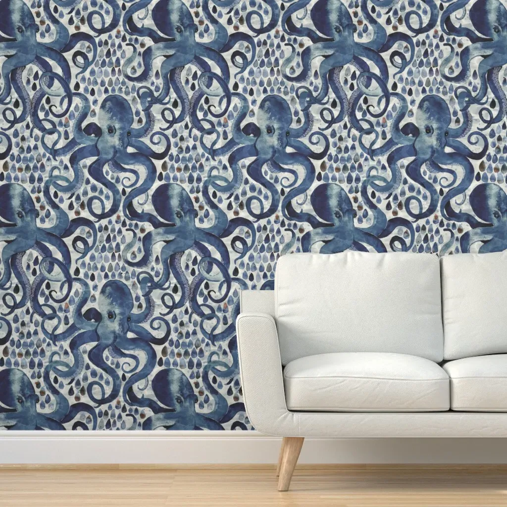 Peel and Stick Watercolor Octopus Wallpaper - Deep Indigo product
