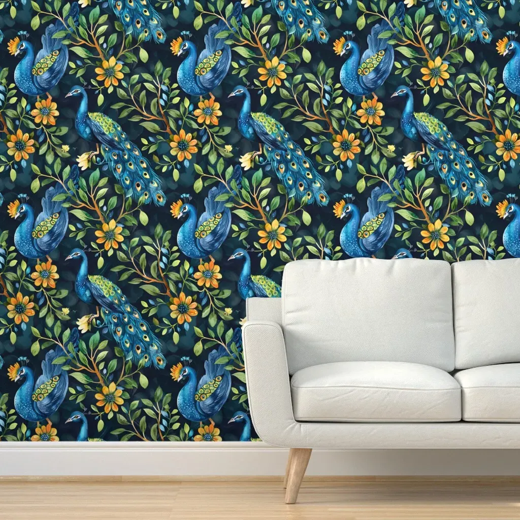 Peel and Stick Watercolor Peacocks Removable Wallpaper - Blue product