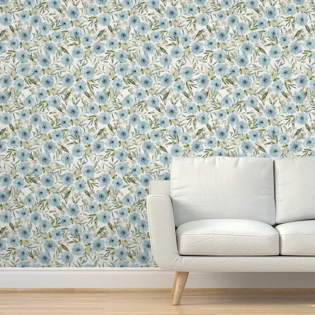 Peel and Stick Watercolor Peony Wallpaper - Dusty Blue product