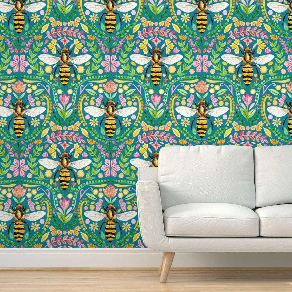 Peel and Stick Watercolour Bee Brocade Wallpaper - Teal product