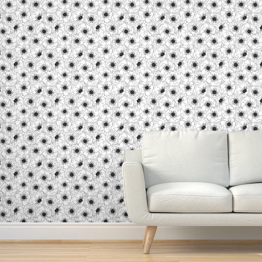 Peel and Stick White Anemones Removable Wallpaper - Black, White product