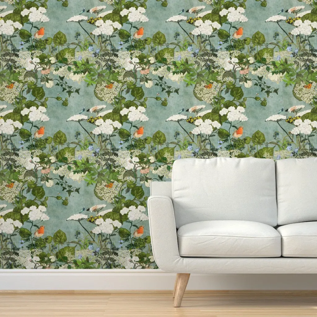 Peel and Stick Wildflowers Foliage Butterflies Robins Wallpaper - White product
