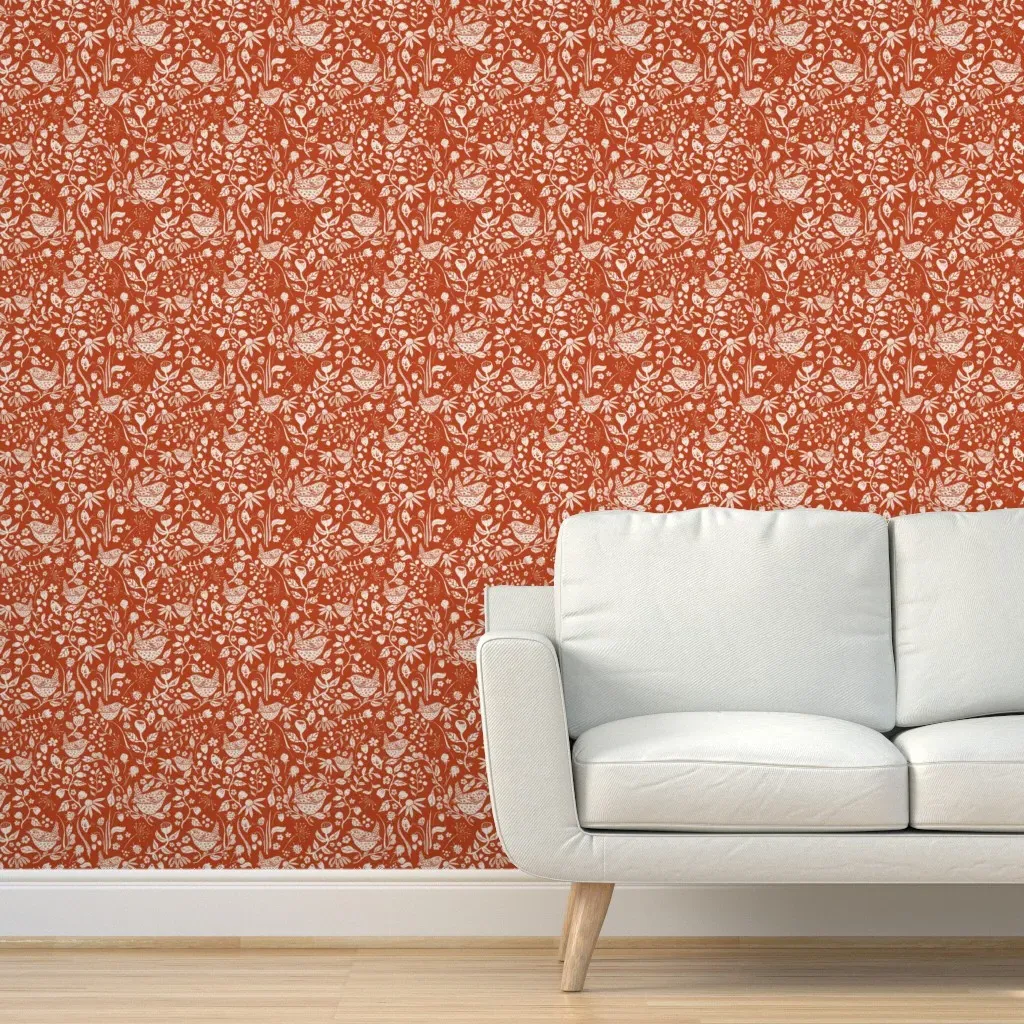 Peel and Stick Wren In Hedgerow Wallpaper - Paprika Red product
