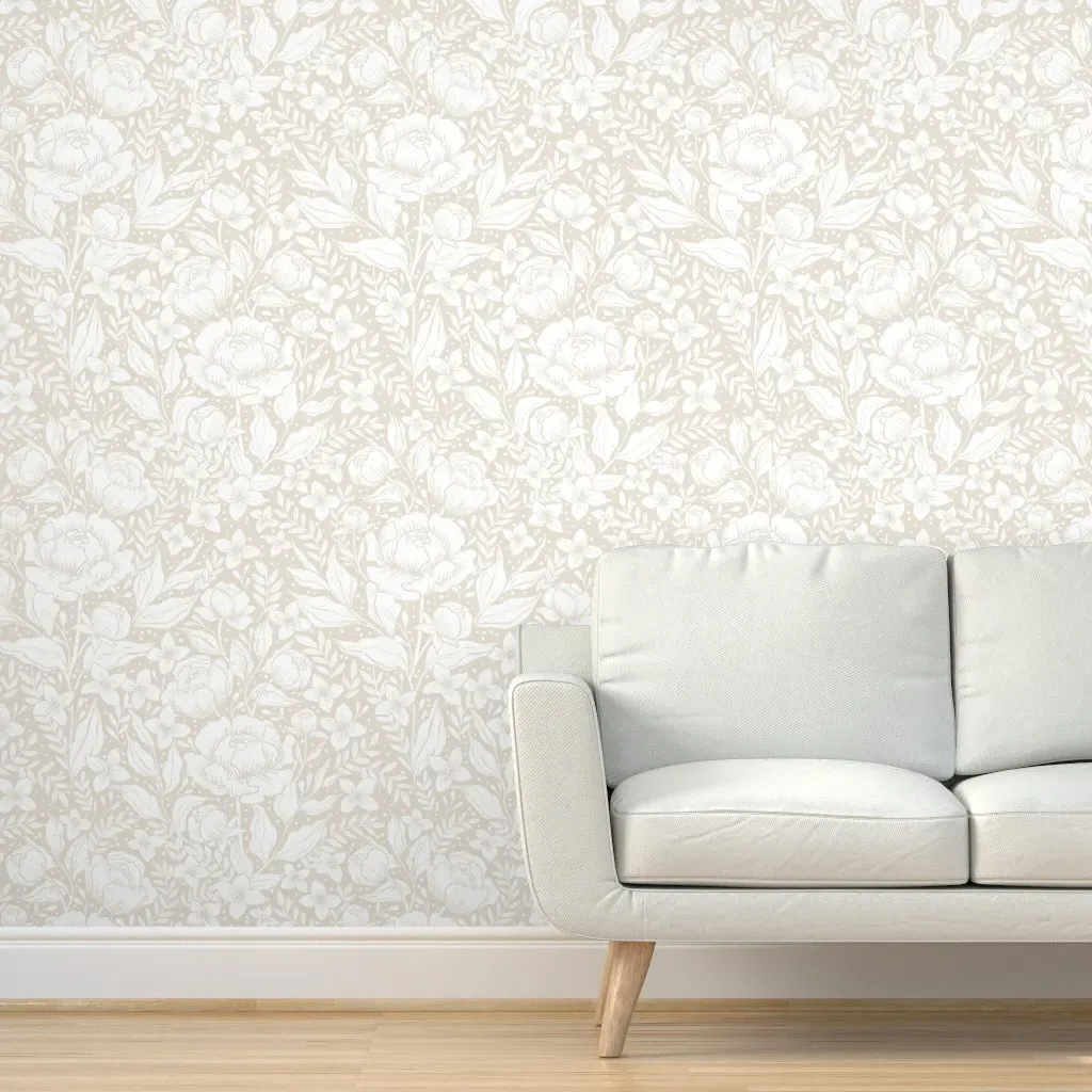 Peonies Botanical Art Nouveau Peel and Stick Wallpaper - Beige product