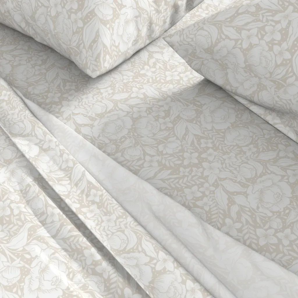 Peonies Botanical Damask Floral Queen Sheet Set - Off-White alternate view