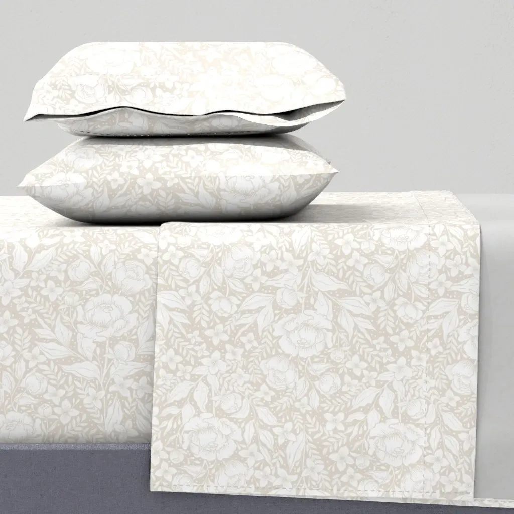Peonies Botanical Damask Floral Queen Sheet Set - Off-White product