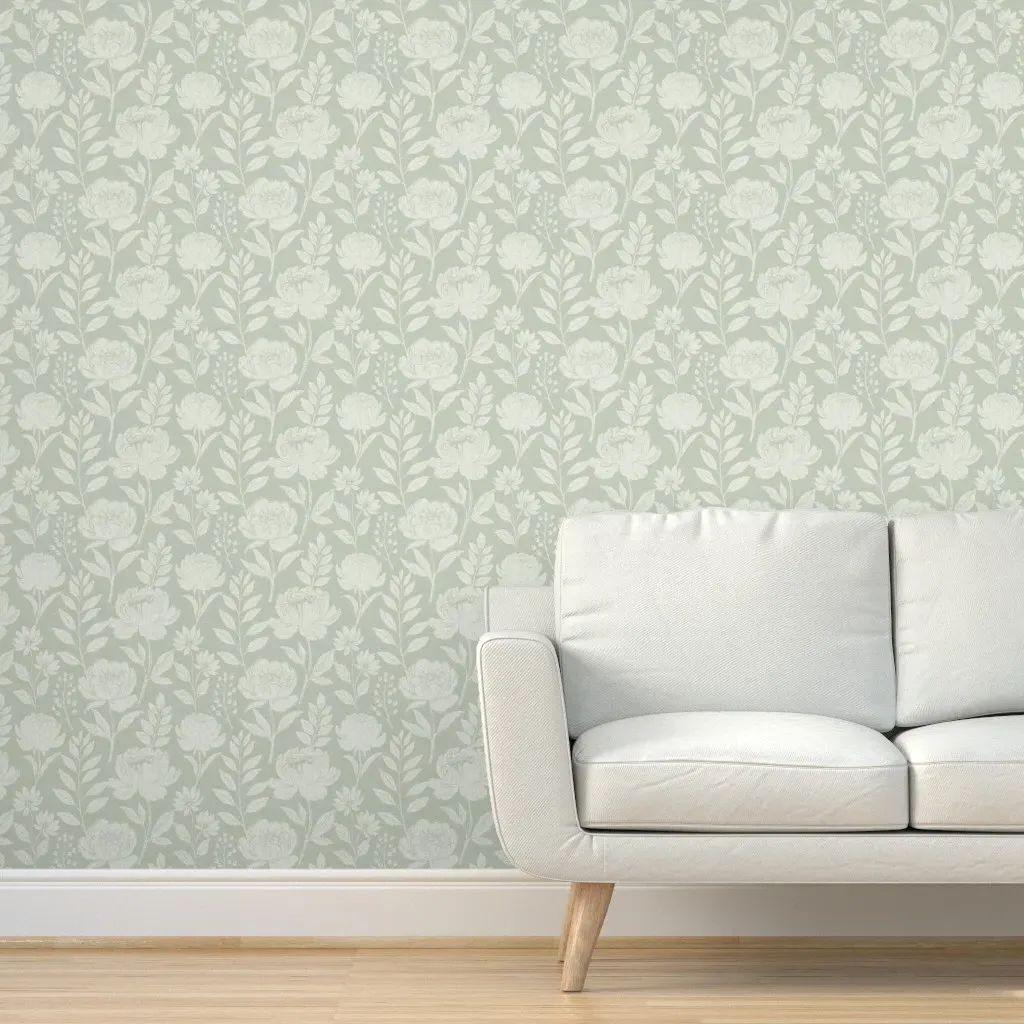 Peonies Botanical Floral Peel and Stick Wallpaper - Sage Green product