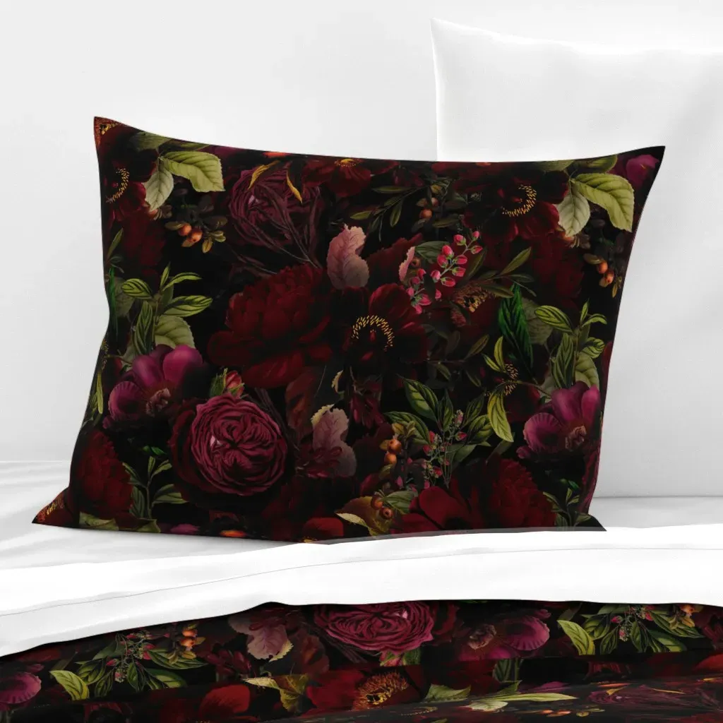 Peonies Gothic Blooms Standard Knife Edge Pillow - Dark Red, Cotton Sateen product