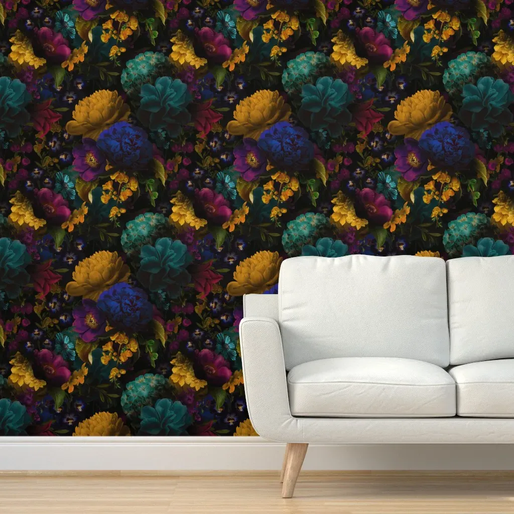 Peonies Gothic Floral Peel and Stick Wallpaper - Blue product