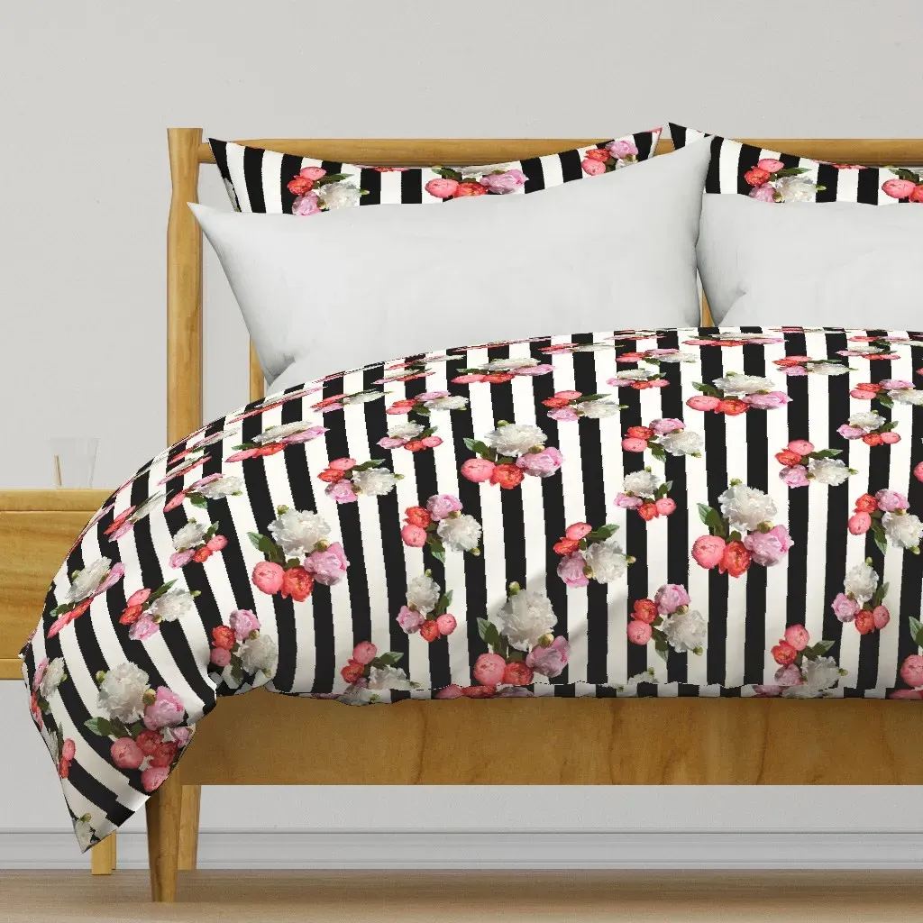 Peonies On 1-Inch Black Duvet Cover - White product